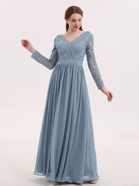 BABARONI Chiffon Dusty Blue Bridesmaid Dresses V-neck Floor-length Long Sleeve Lace A-line BABARONI Chiffon Dusty Blue Bridesmaid Dresses V-neck Floor-length Long Sleeve Lace A-line