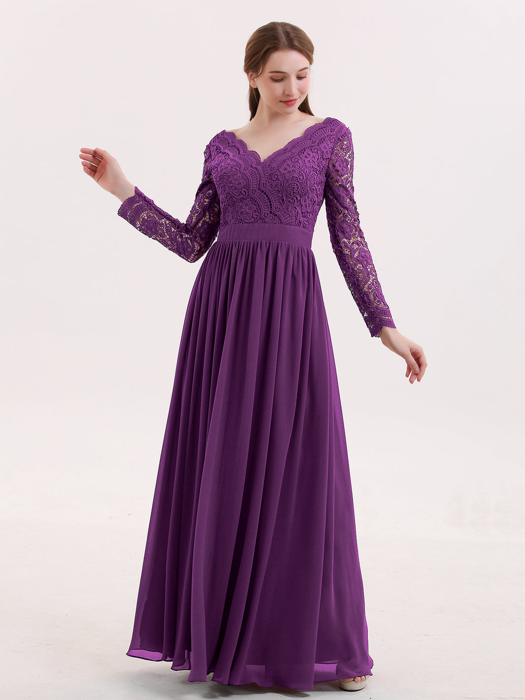BABARONI V Neck Lace and Chiffon Dress with Long Sleeves Grape, Grape / US0 BABARONI V Neck Lace and Chiffon Dress with Long Sleeves Grape, Grape / US0