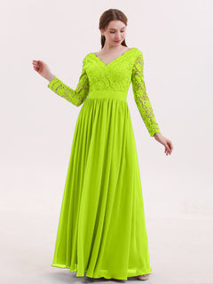 V Neck Lace and Chiffon Dress with Long Sleeves Lime Green