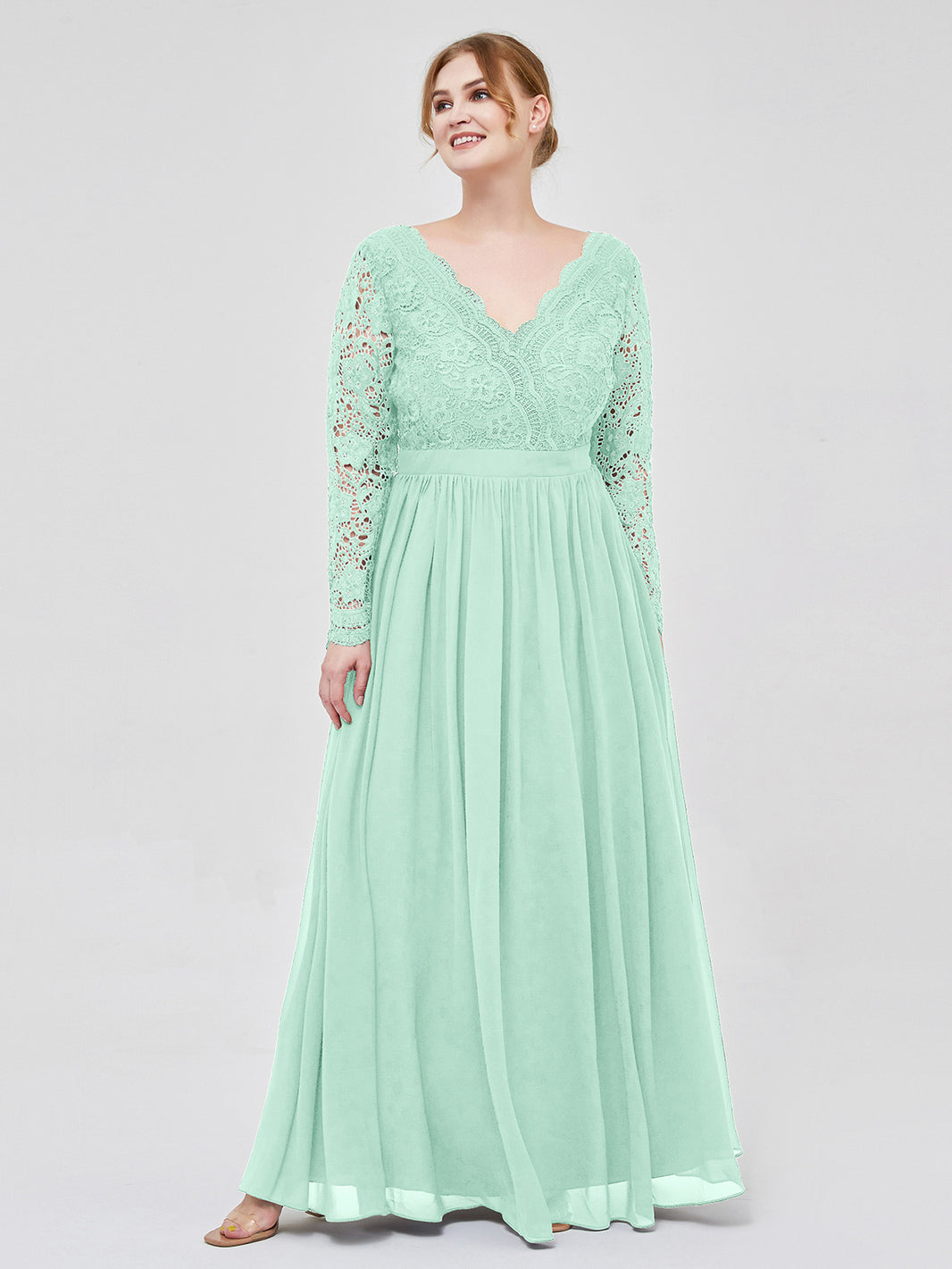 BABARONI V Neck Lace and Chiffon Dress with Long Sleeves Mint Green, Mint Green / US0 BABARONI V Neck Lace and Chiffon Dress with Long Sleeves Mint Green, Mint Green / US0