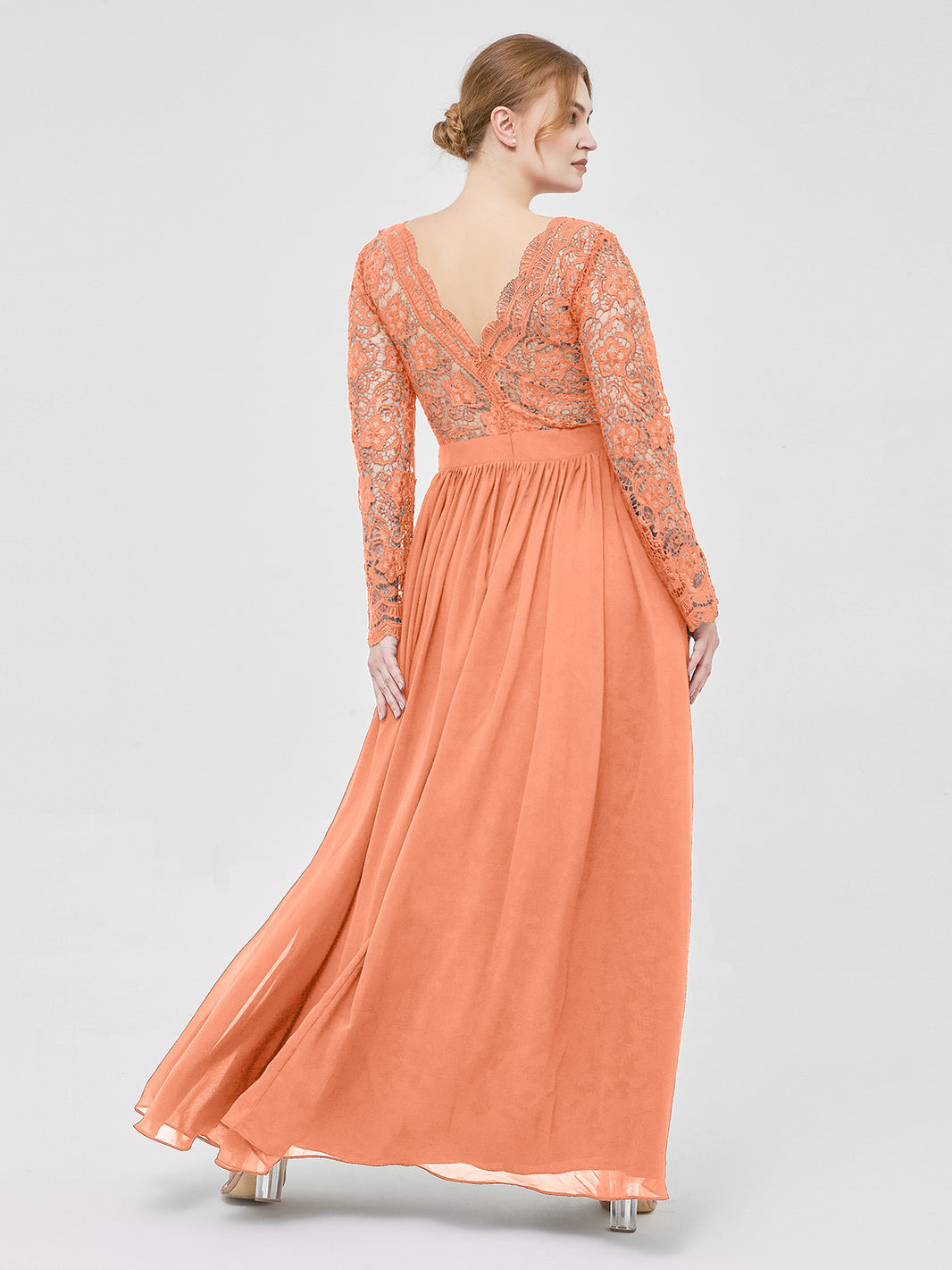BABARONI V Neck Lace and Chiffon Dress with Long Sleeves Papaya, Papaya / US0 BABARONI V Neck Lace and Chiffon Dress with Long Sleeves Papaya, Papaya / US0