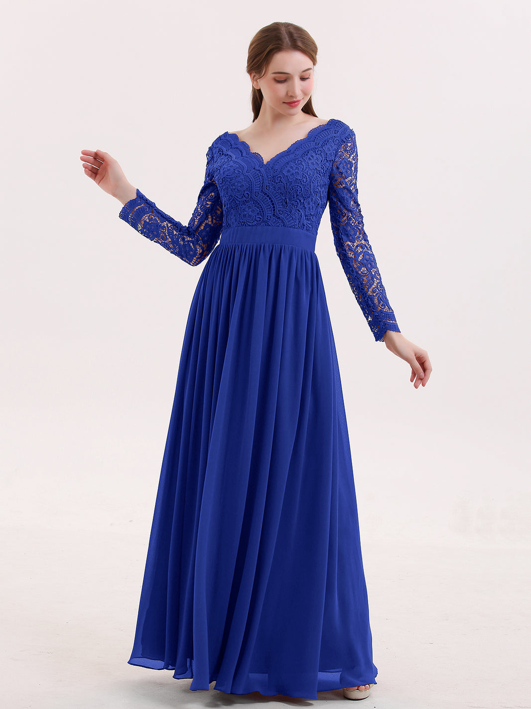 BABARONI V Neck Lace and Chiffon Dress with Long Sleeves Royal Blue, Royal Blue / US0
