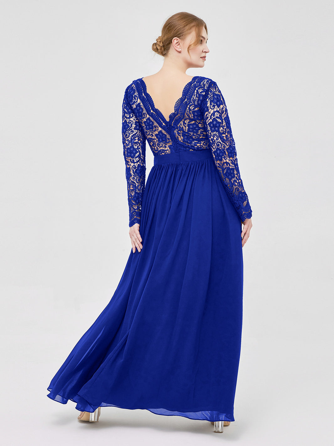 BABARONI V Neck Lace and Chiffon Dress with Long Sleeves Royal Blue, Royal Blue / US0