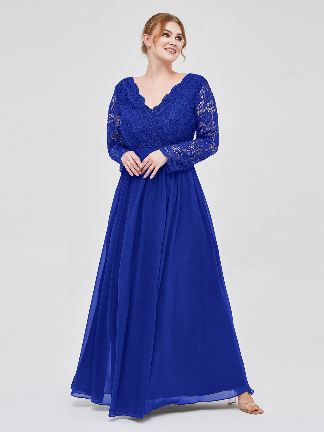 BABARONI V Neck Lace and Chiffon Dress with Long Sleeves Royal Blue, Royal Blue / US0 BABARONI V Neck Lace and Chiffon Dress with Long Sleeves Royal Blue, Royal Blue / US0
