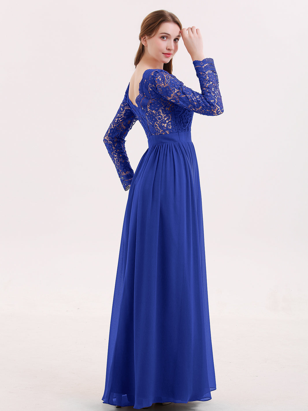 BABARONI V Neck Lace and Chiffon Dress with Long Sleeves Royal Blue, Royal Blue / US0