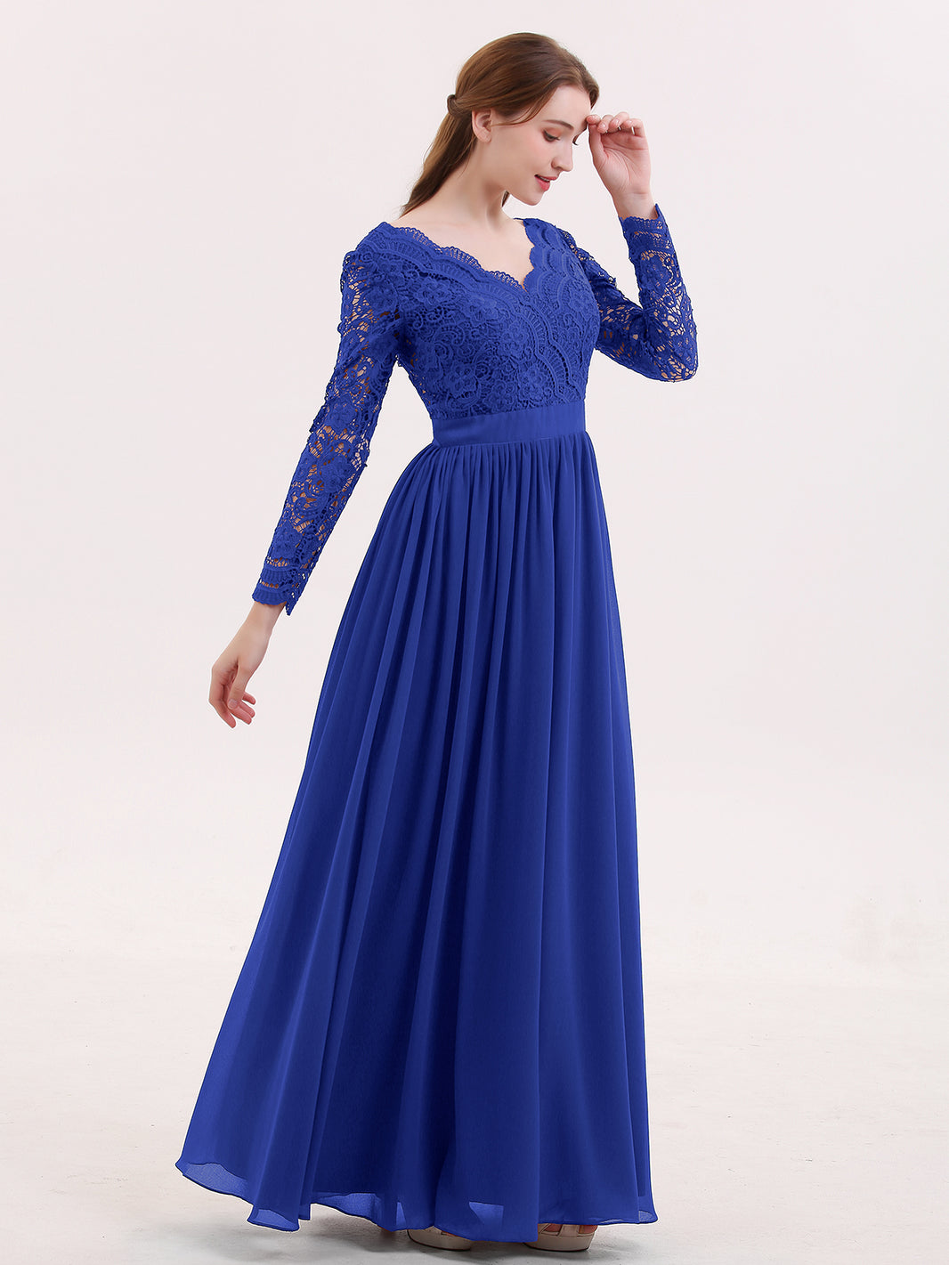 red prom dress with lace sleeves Red Beaded Lace Satin Prom Dresses Long Sleeve V-Neck Formal Dress 24516 Red / US4 main image 1
