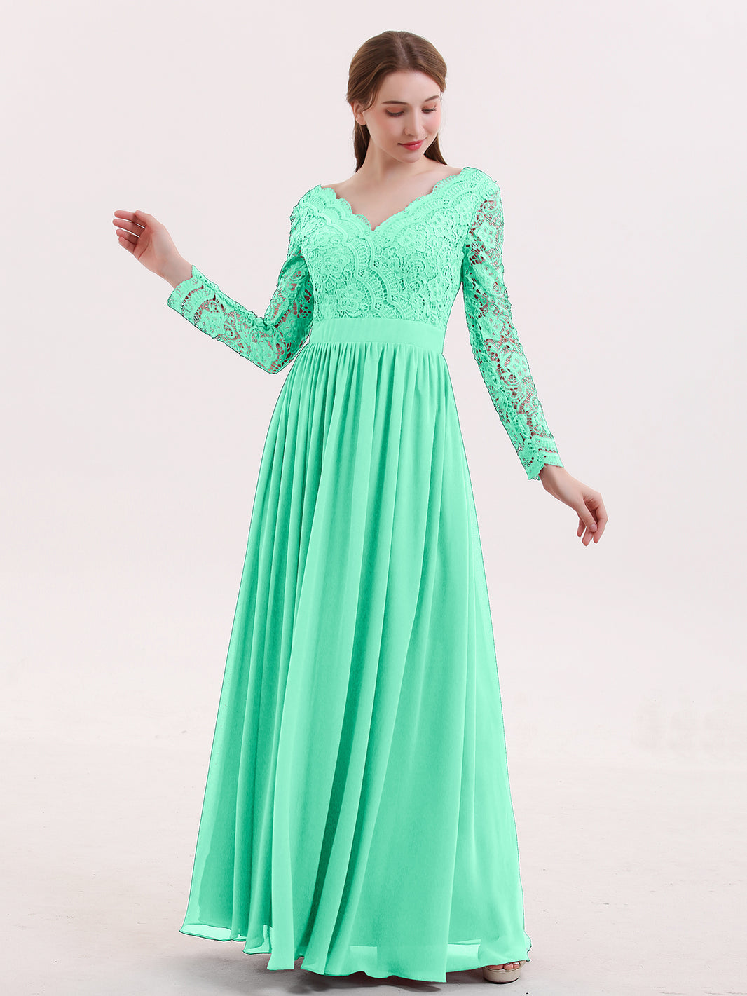 BABARONI V Neck Lace and Chiffon Dress with Long Sleeves Turquoise, Turquoise / US0