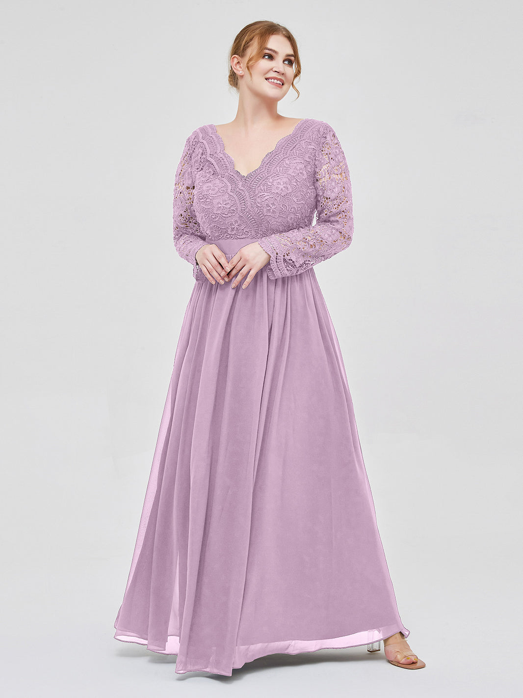 BABARONI Chiffon Wisteria Bridesmaid Dresses V-neck Floor-length Long Sleeve Lace A-line, Wisteria / US0