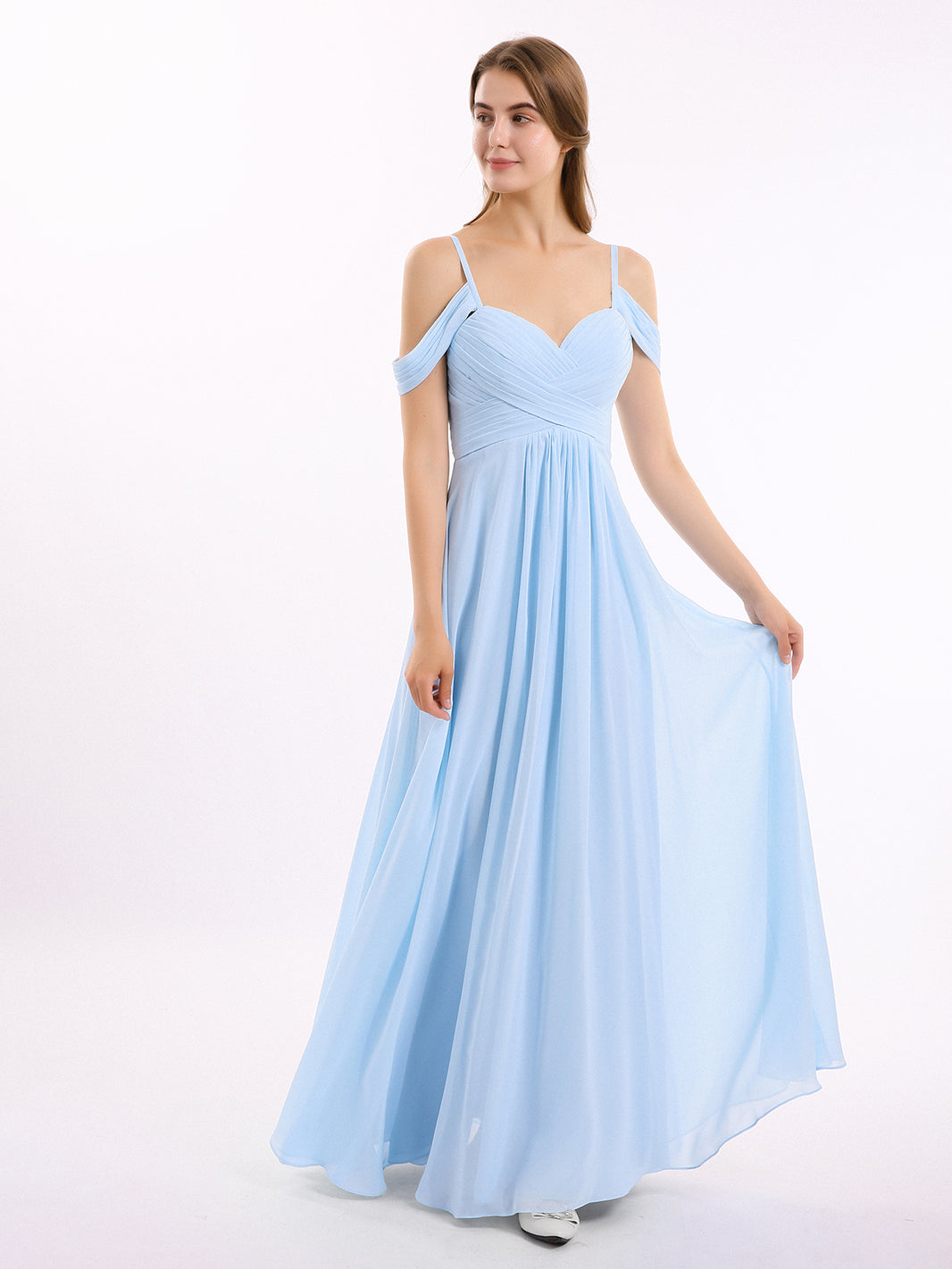 BABARONI Off Shoulder Spaghetti Strap Chiffon Dresses Sky Blue, Sky Blue / US0