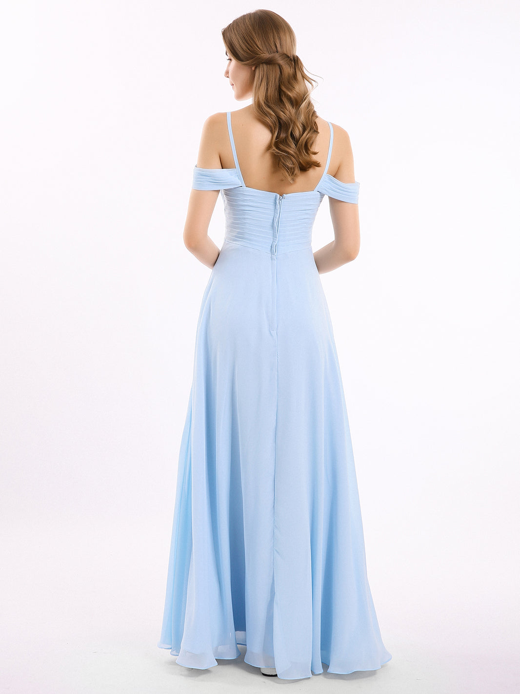BABARONI Chiffon Sky Blue Bridesmaid Dresses Off-the-shoulder Floor-length  Spaghetti Straps Ruched A-line