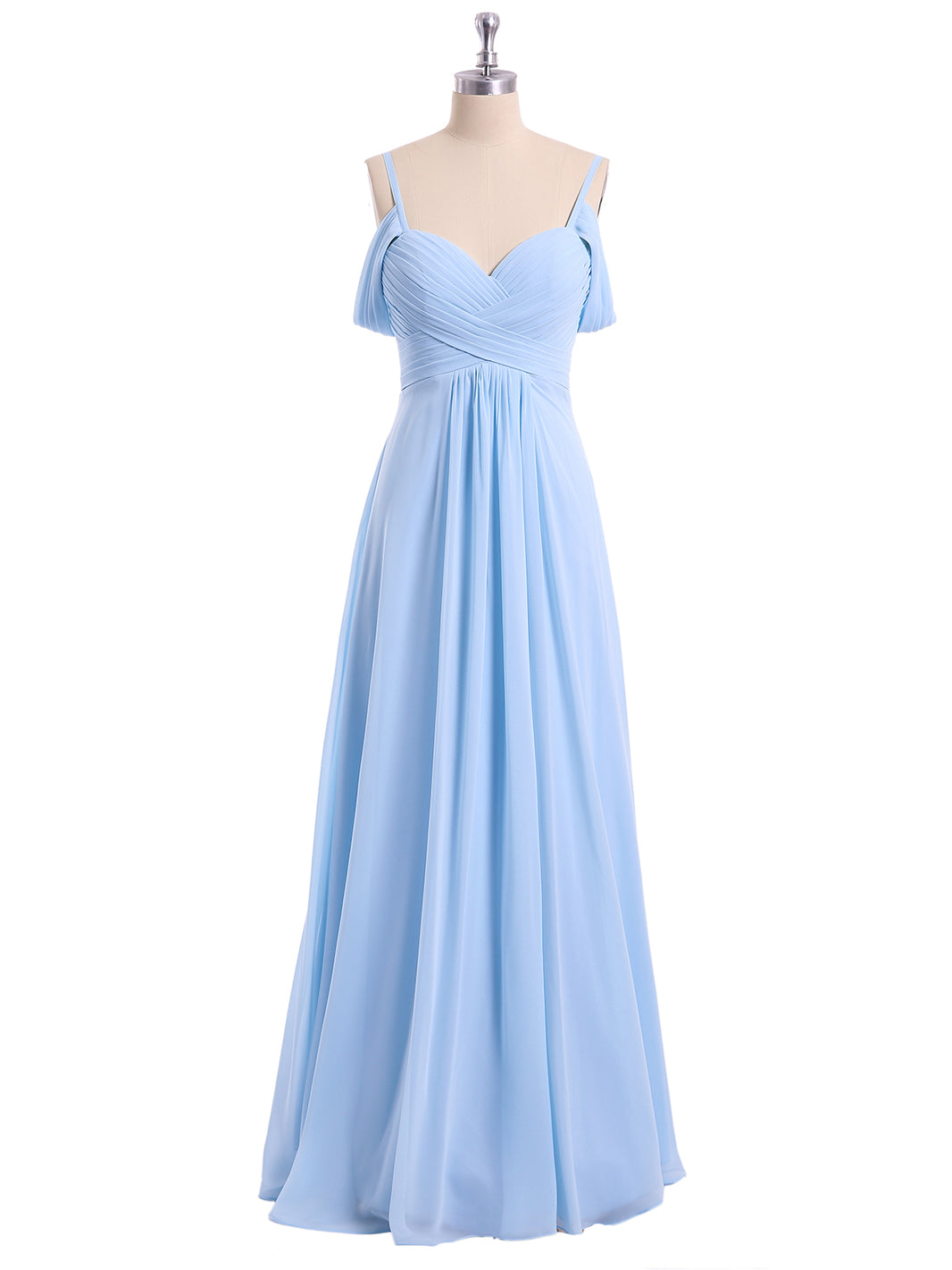 BABARONI Chiffon Sky Blue Bridesmaid Dresses Off-the-shoulder Floor-length  Spaghetti Straps Ruched A-line