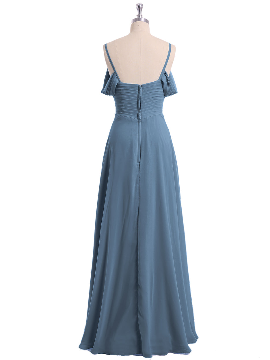 Square Neck Spaghetti Straps Chiffon Dresses Ocean Blue