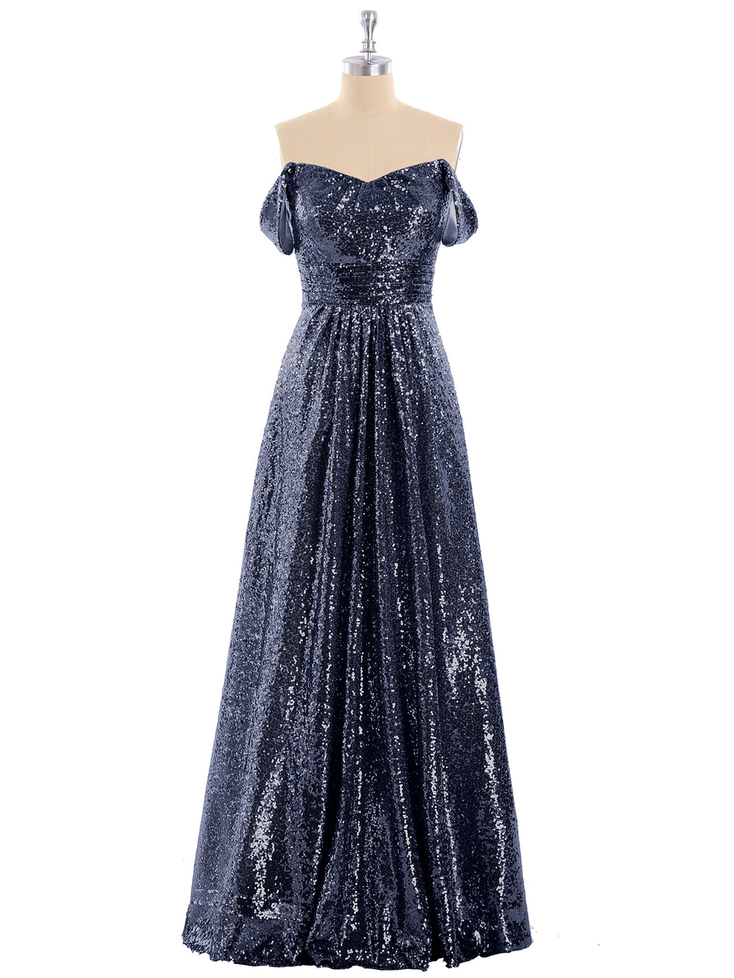 BABARONI Sequin Dark Navy Bridesmaid Dresses Off-the-shoulder Floor-length  Short Pleated A-line