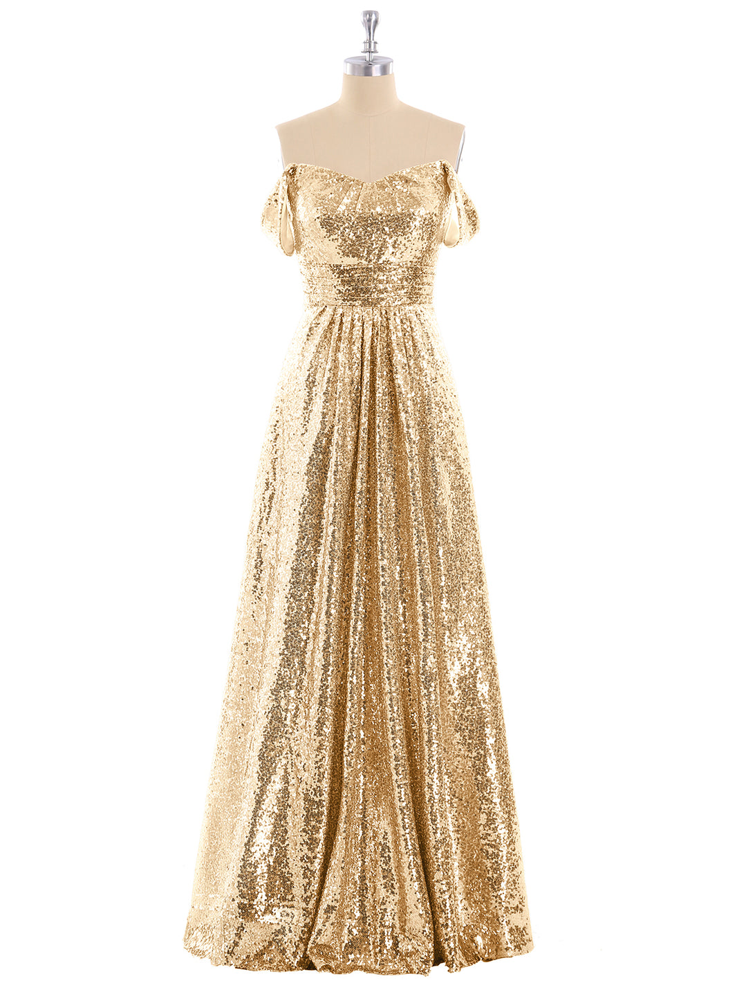 BABARONI Sequin Gold Bridesmaid Dresses Off-the-shoulder Floor-length Short  Pleated A-line