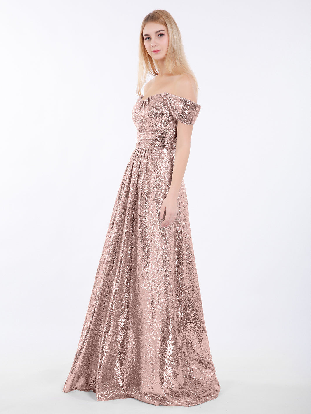 BABARONI Long Sequins Dress with Off the Shoulder Metallic Gold, Metallic Gold / US0 BABARONI Long Sequins Dress with Off the Shoulder Metallic Gold, Metallic Gold / US0