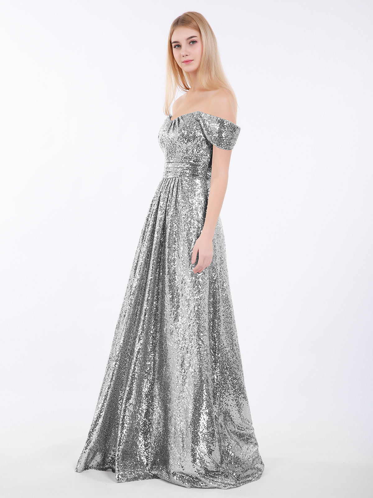 One Shoulder Sequins Lace Maxi Dresses Silver Plus Size