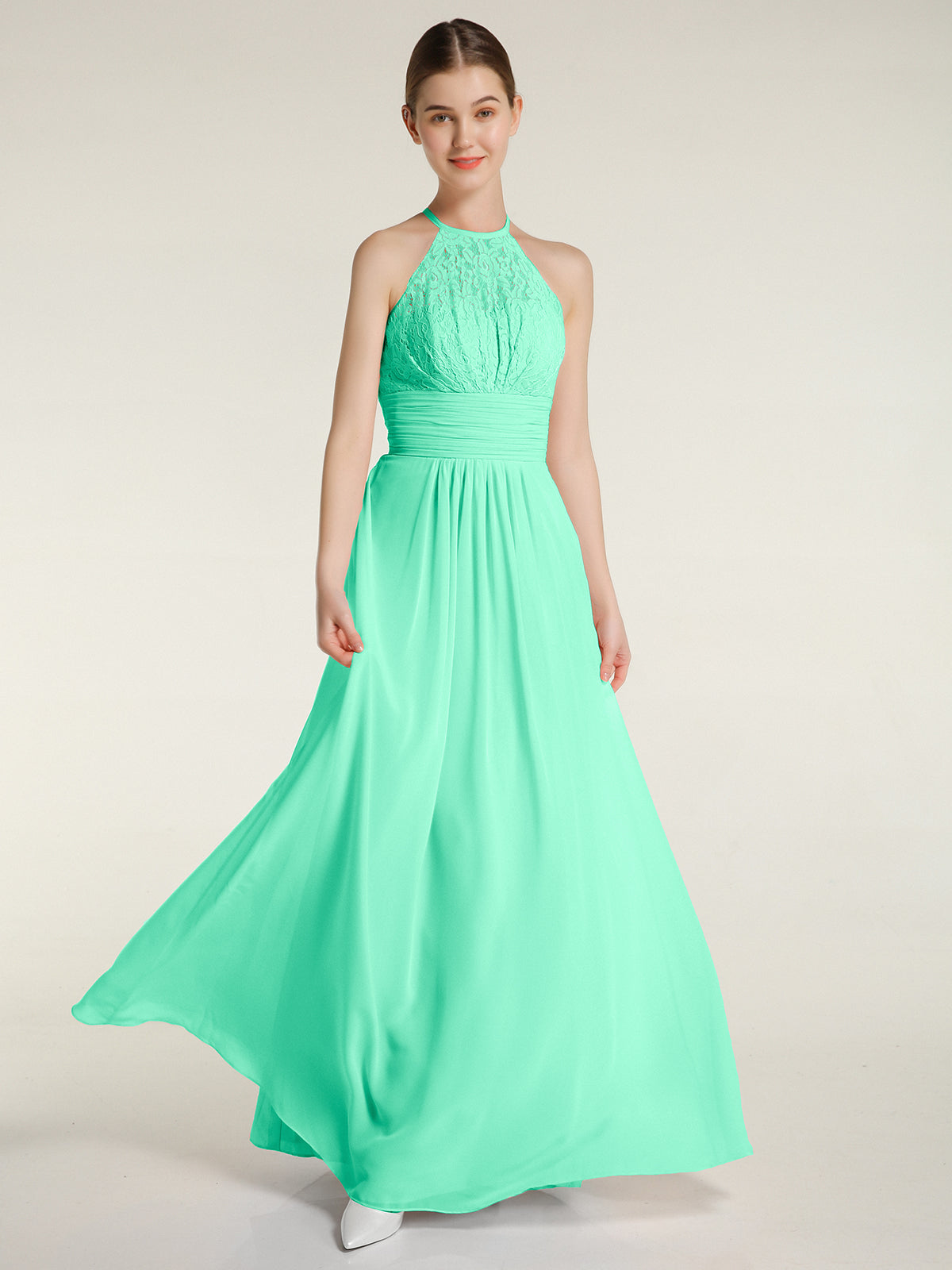 BABARONI Chiffon Turquoise Bridesmaid Dresses Halter Floor-length ...