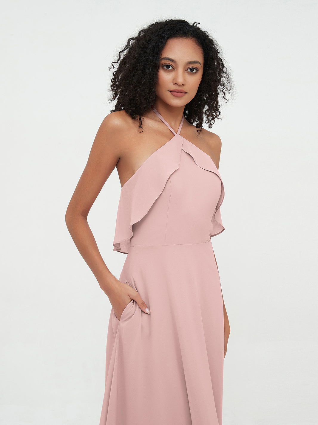 BABARONI Halter Strap Chiffon Long Bridesmaid Dresses Blushing Pink, Blushing Pink / US0 BABARONI Halter Strap Chiffon Long Bridesmaid Dresses Blushing Pink, Blushing Pink / US0