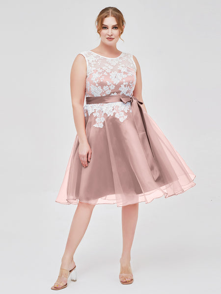 Dusty Rose Plus Size Organza Bridesmaid Dress Illusion Neck Knee Length Ivory Lace Applique Formal Dress | BABARONI Dusty Rose Plus Size Organza Bridesmaid Dress Illusion Neck Knee Length Ivory Lace Applique Formal Dress | BABARONI