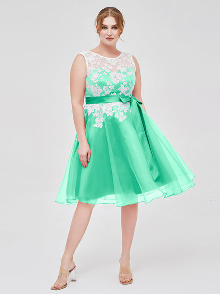Turquoise Plus Size Organza Bridesmaid Dress Illusion Neck Knee Length Ivory Lace Applique Formal Dress