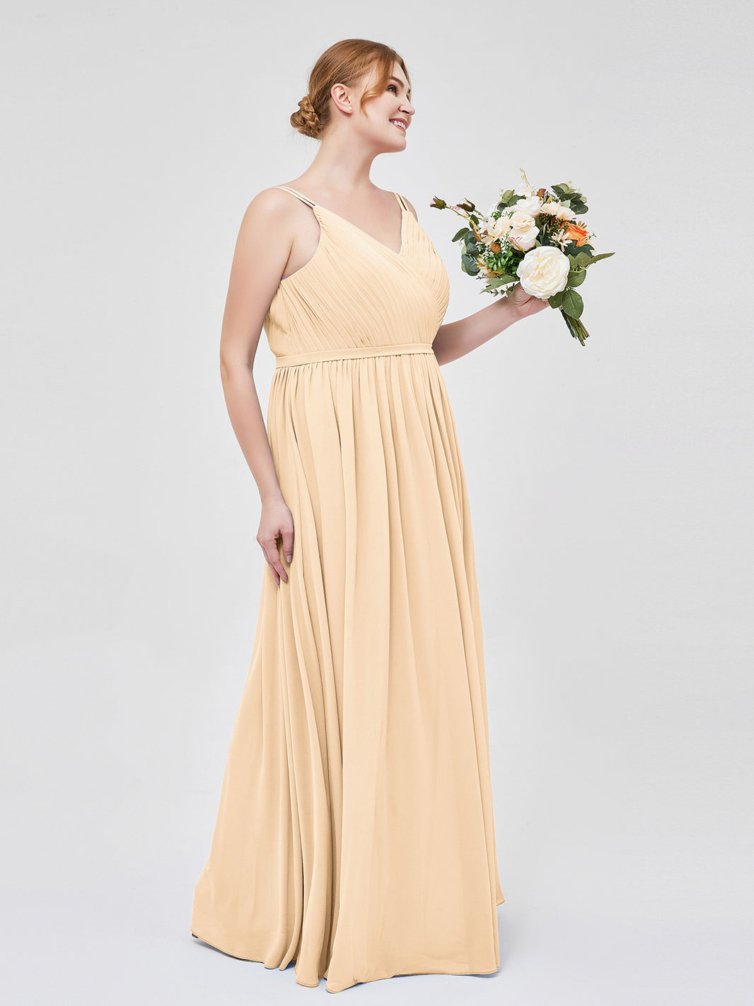 BABARONI Chiffon Peach Bridesmaid Dresses V-neck Floor-length Sleeveless Ruched A-line, Peach / US0