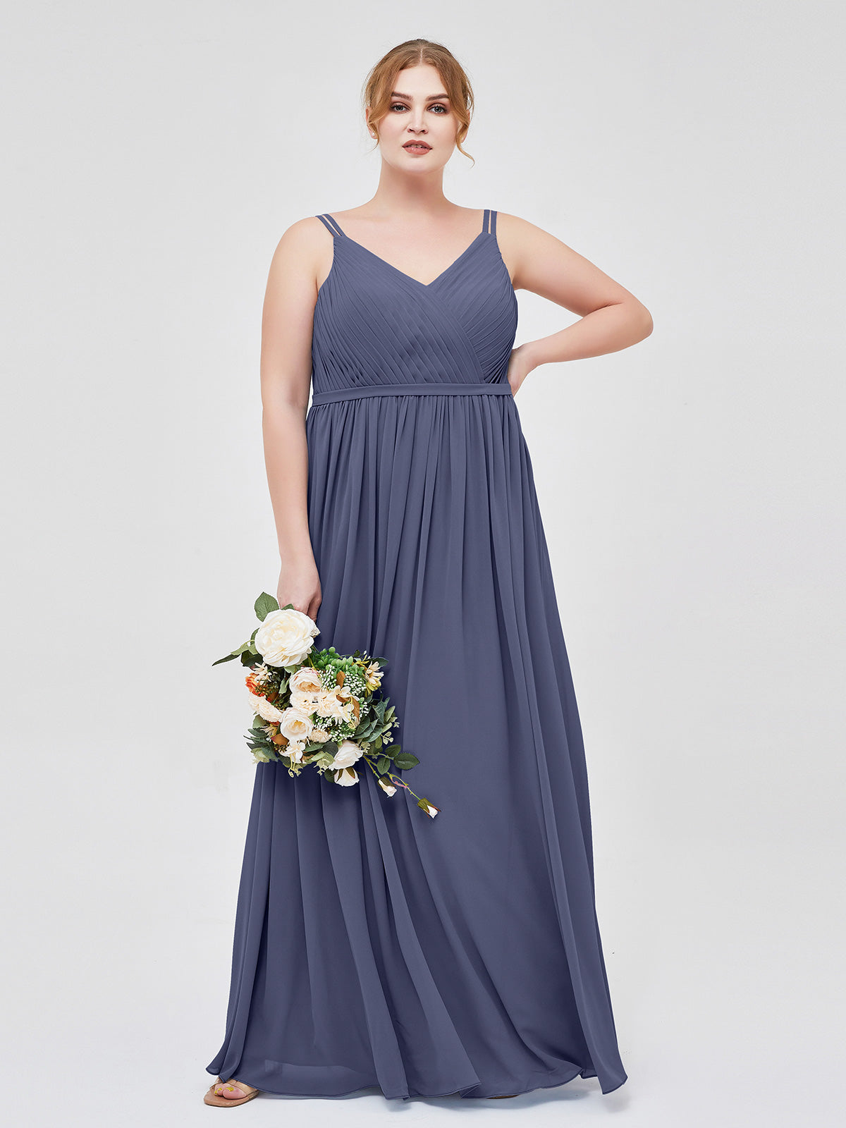 Stormy Plus Size Chiffon Bridesmaid Dress V-Neck Spaghetti Strap Pleated | BABARONI