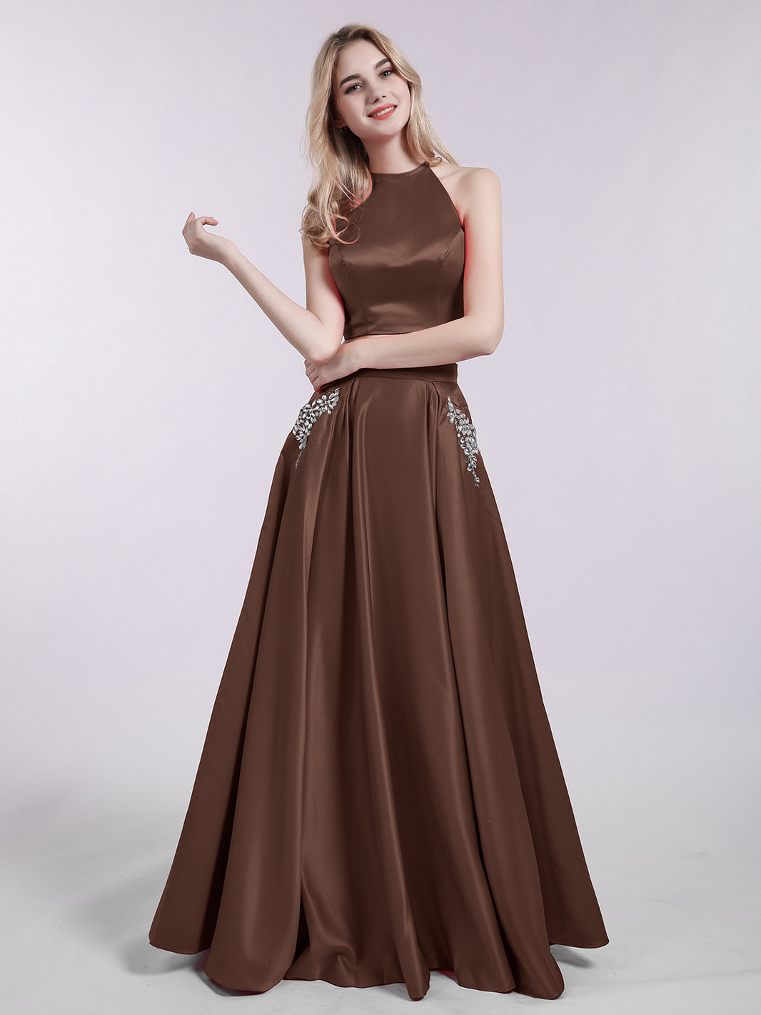 BABARONI Two Piece Satin Prom Dress with Pockets Chocolate Plus Size, Chocolate / US18 BABARONI Two Piece Satin Prom Dress with Pockets Chocolate Plus Size, Chocolate / US18