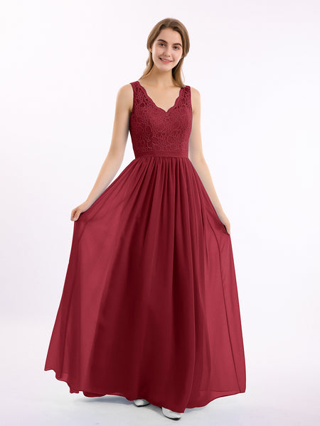 BABARONI Chiffon Burgundy Bridesmaid Dresses V-neck Floor-length Sleeveless Belt A-line, Burgundy / US0