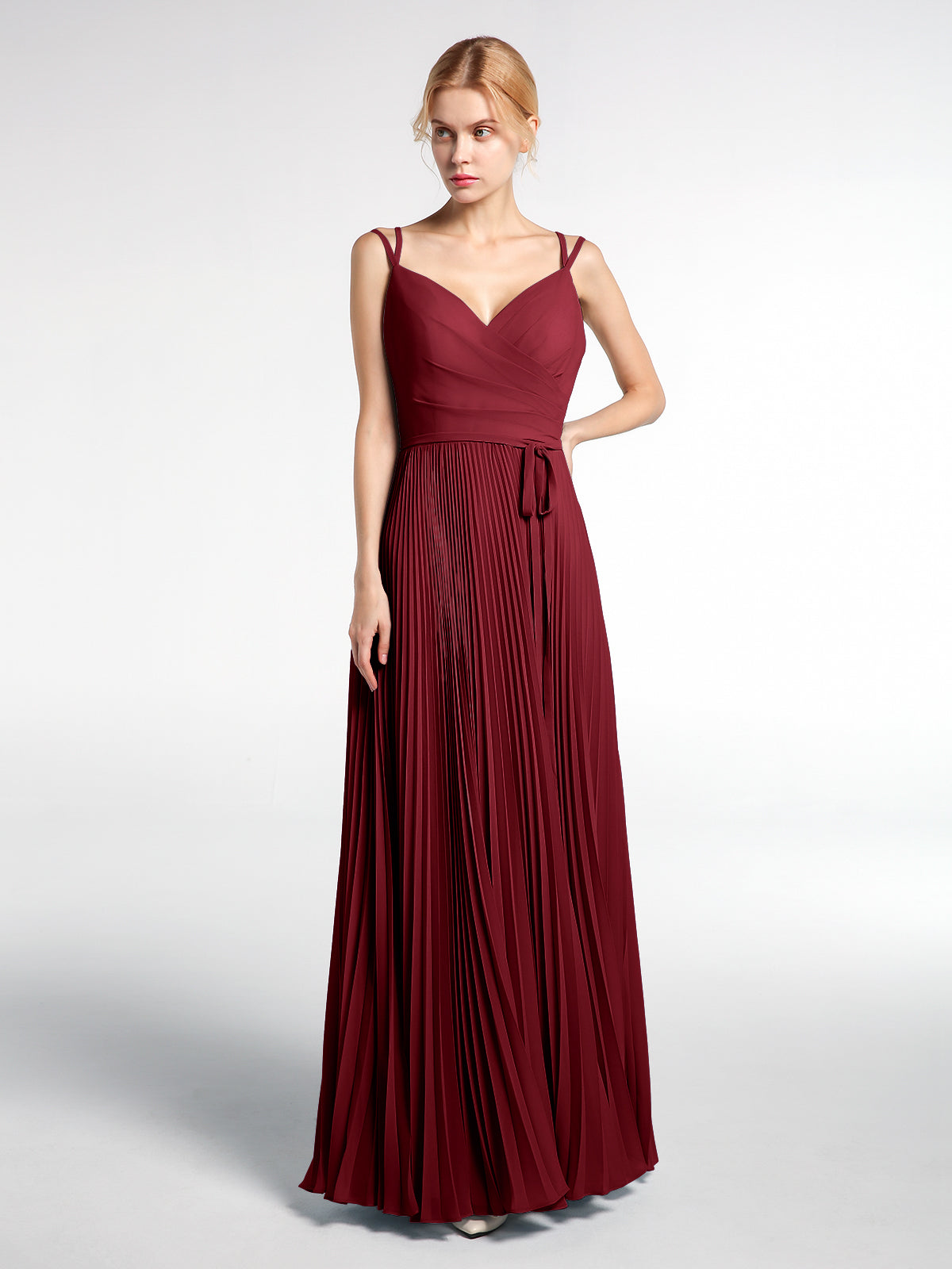 BABARONI Pleated Skit Double Straps Dress with Self tie Burgundy Plus Size, Burgundy / US18