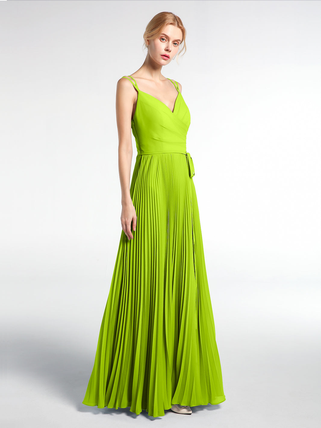 BABARONI Pleated Skit Double Straps Dress with Self Tie Lime Green, Lime Green / US0