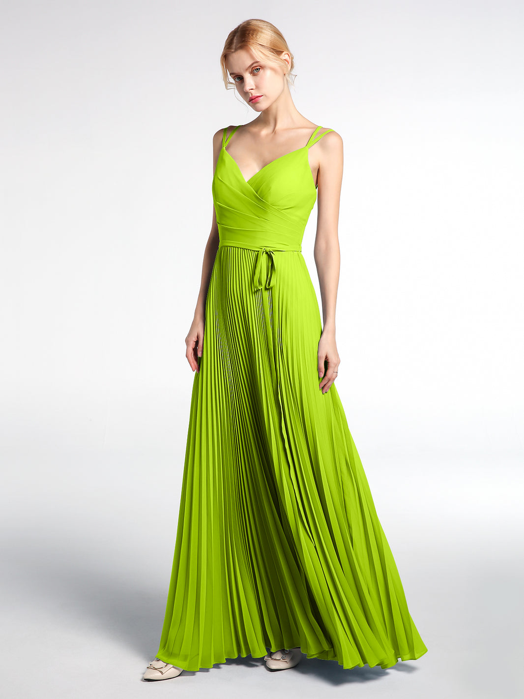 BABARONI Pleated Skit Double Straps Dress with Self tie Lime Green, Lime Green / US0