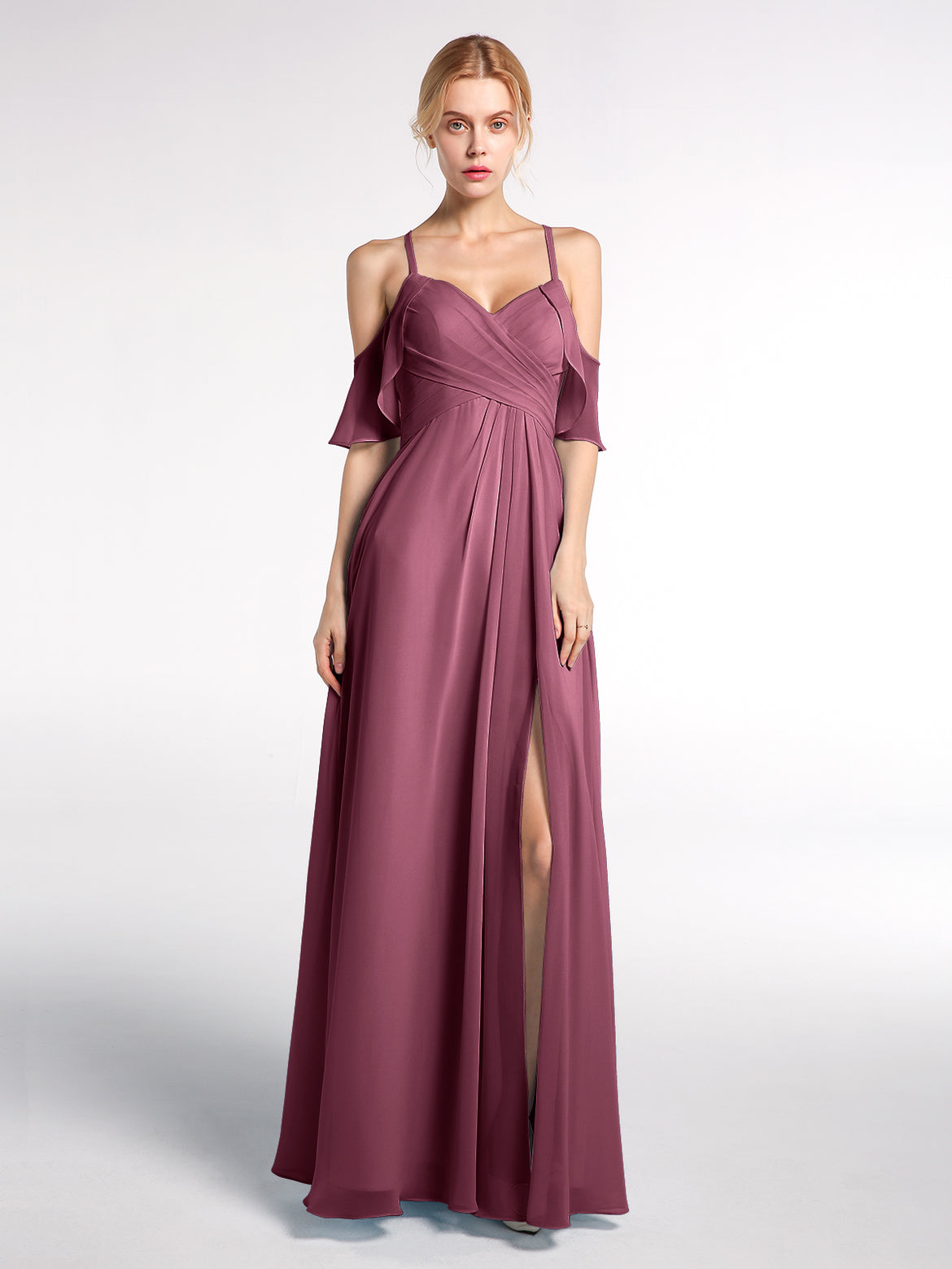 mulberry bridesmaid dresses Wedding A-Line V-Neck Spaghetti Straps Ruched Chiffon Bridesmaid Dresses With Slit Ruched detailing through the bodice shapes the waist with gentle structure before flowing into a sweeping A Mulberry Bridesmaid Dresses - Color