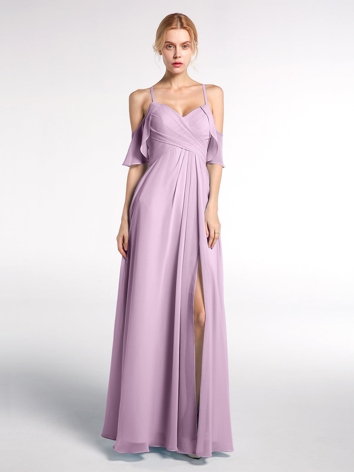 BABARONI Chiffon Lilac Bridesmaid Dresses Sweetheart Floor-length Spaghetti Straps with Slit Empire BABARONI Chiffon Lilac Bridesmaid Dresses Sweetheart Floor-length Spaghetti Straps with Slit Empire