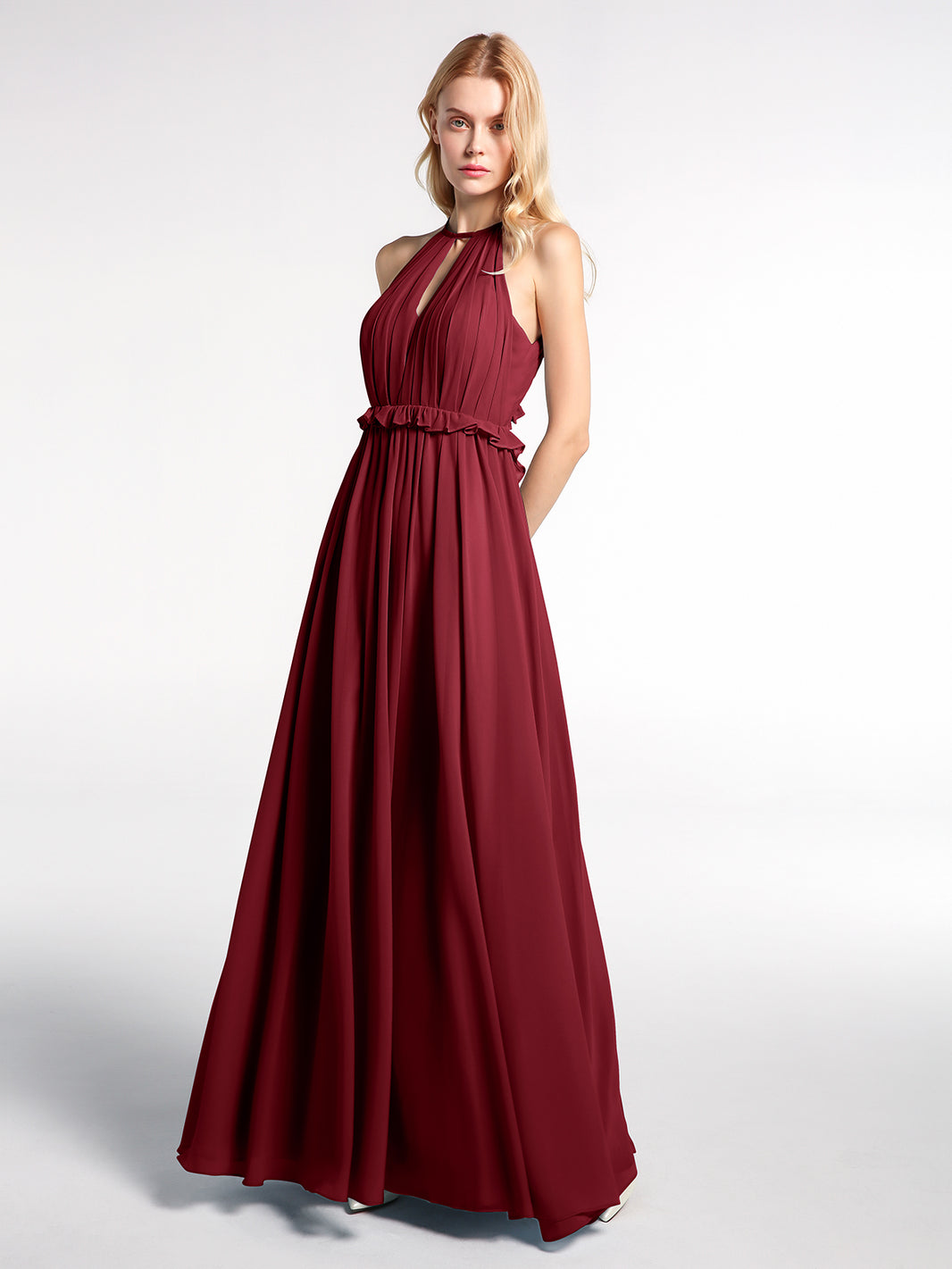 Keyhole Neckline Open Back Chiffon Maxi Dress White