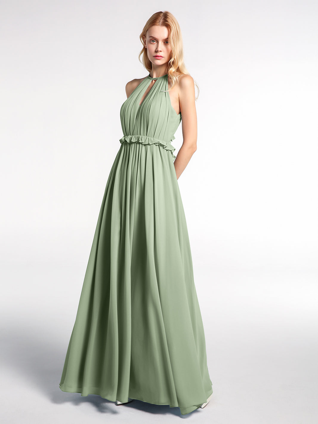 Strapless Long Chiffon Dresses with Cascade Hem Dusty Sage