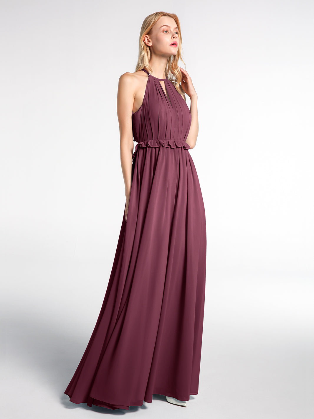 Keyhole Neckline Open Back Chiffon Max Long Dress Mulberry  BABARONI