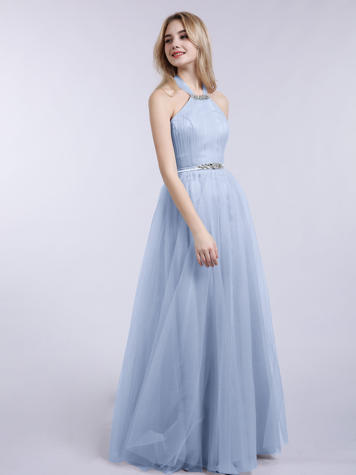 Halter Tulle with Beaded Long Dress Sky Blue Plus Size – BABARONI