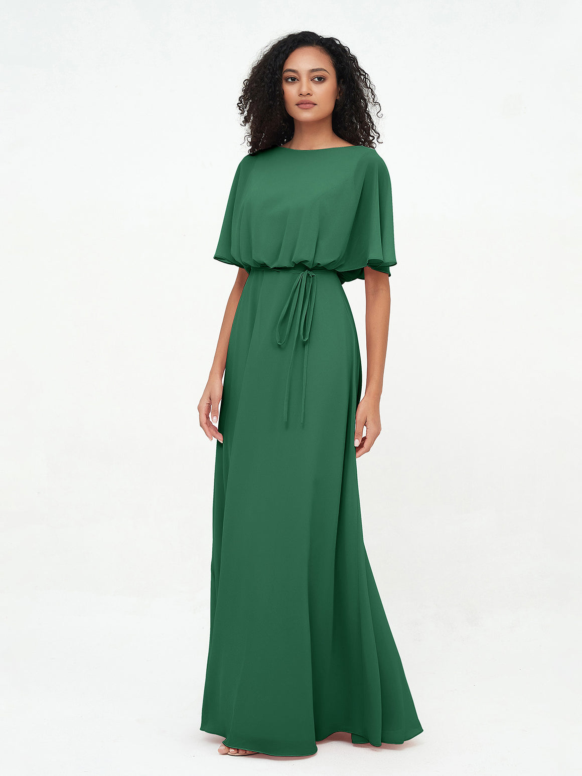 Flutter Sleeves Long Chiffon Dresses with Sash Bow Mint Green Plus Size