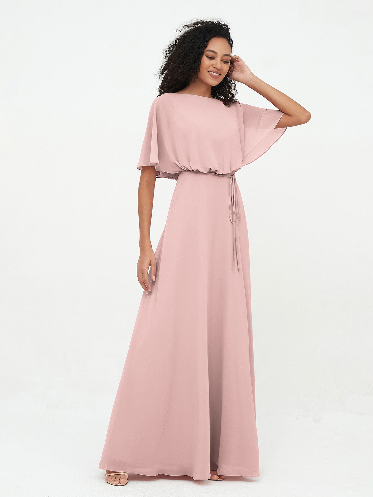 Halter Floor-length Chiffon Ruffles Bridesmaid Dresses Dusty Rose