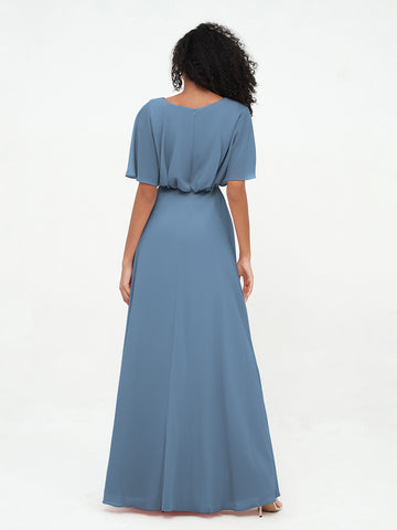 Simple Chiffon Bridesmaid Dress with Slit Slate Blue Plus Size
