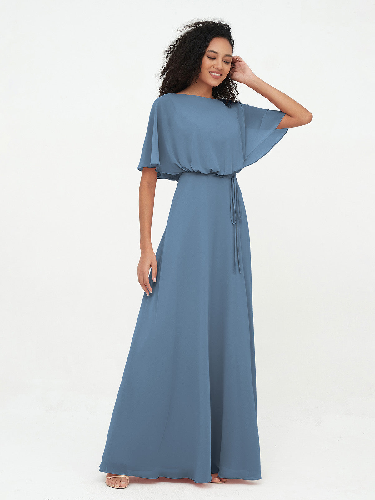 Chiffon Full Length Bridesmaid Dresses with Wrap Slate Blue- Briana
