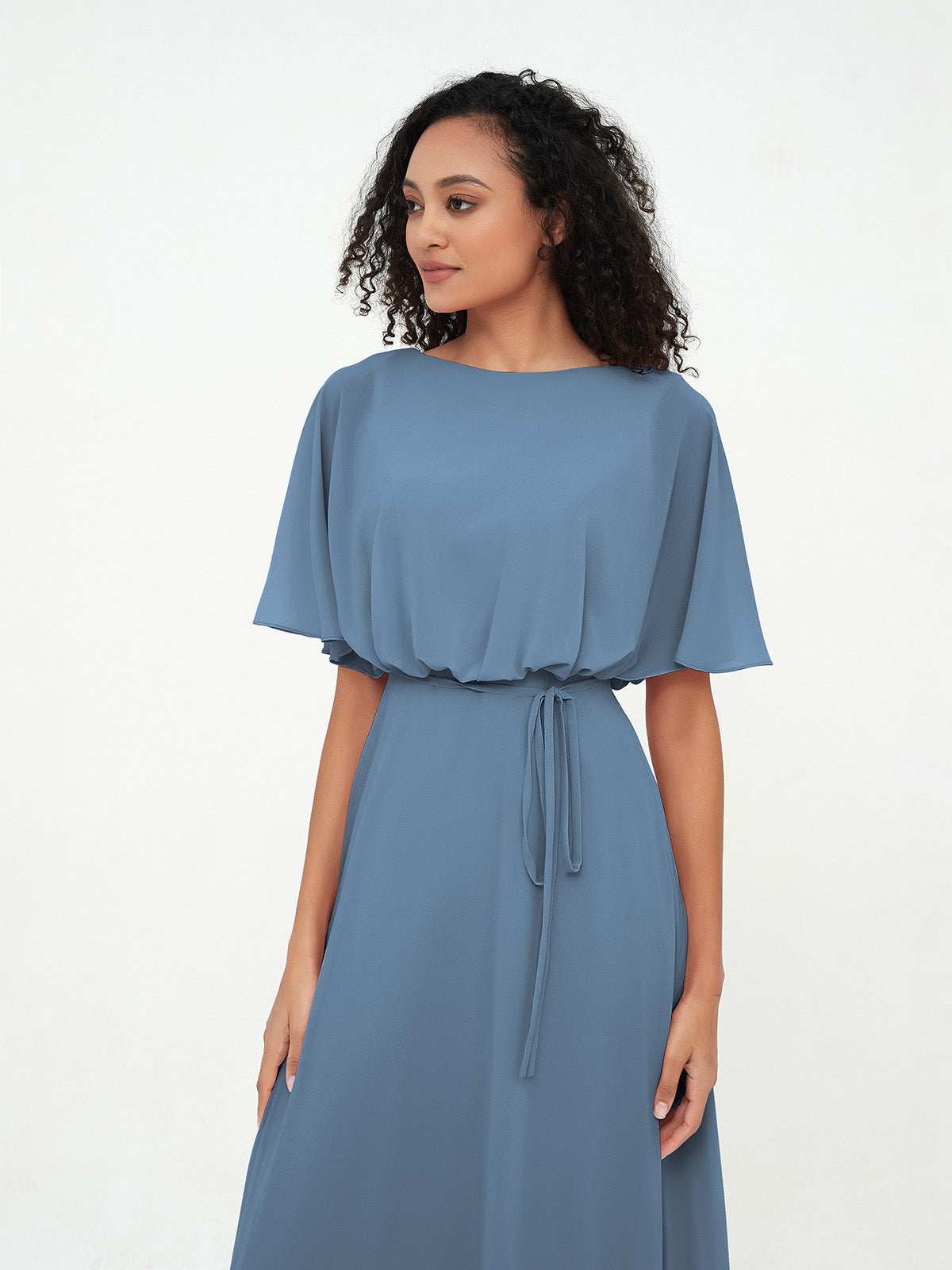 Chiffon Full Length Bridesmaid Dresses with Wrap Slate Blue- Briana