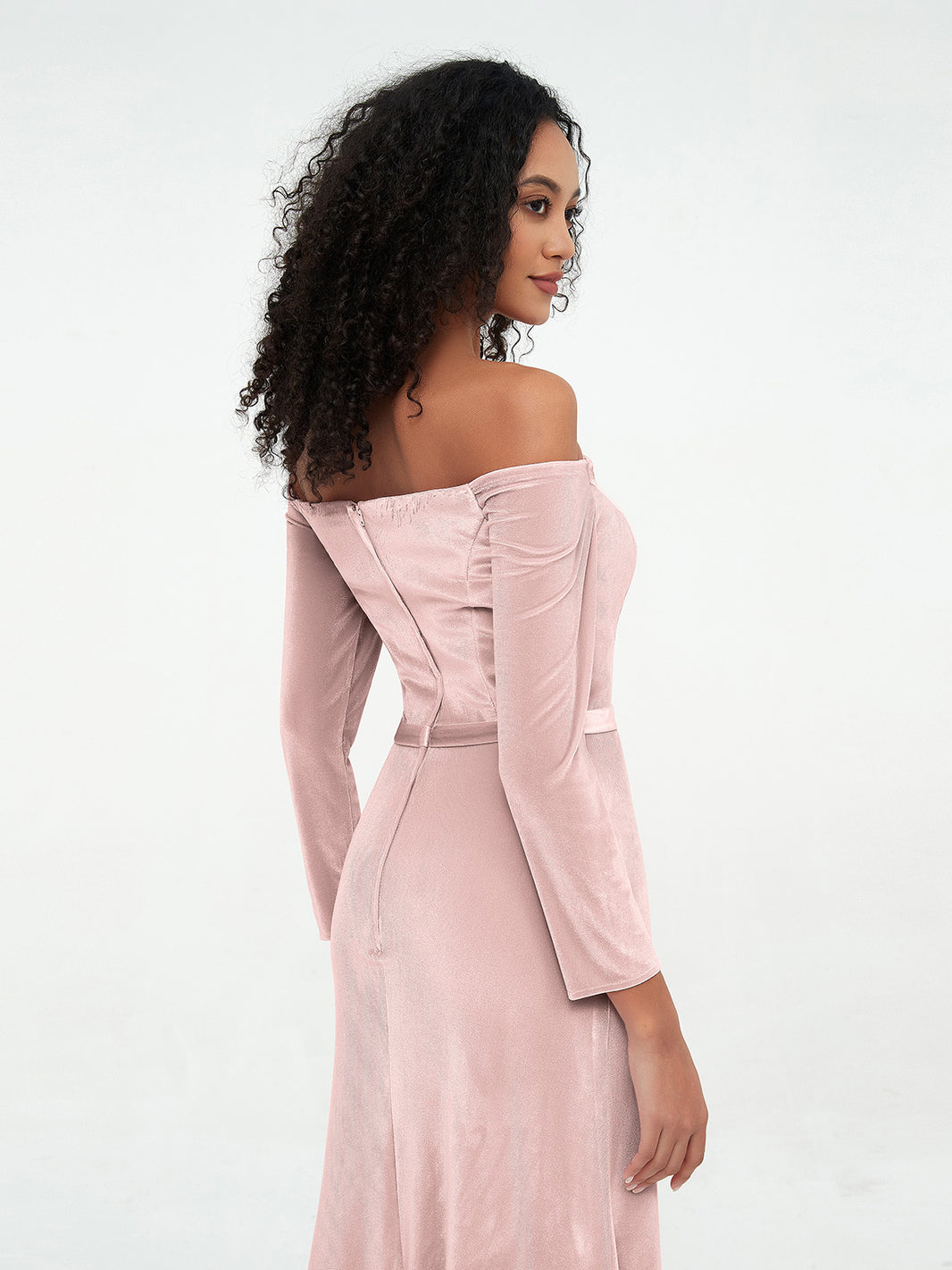 BABARONI Off the Shoulder Long Sleeves Velvet Dresses Pearl Pink Plus Size, Pearl Pink / US18