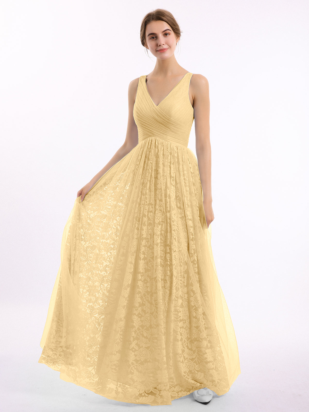 BABARONI V neck Lace Lining And Tulle Dresses Gold, Gold / US0 BABARONI V neck Lace Lining And Tulle Dresses Gold, Gold / US0
