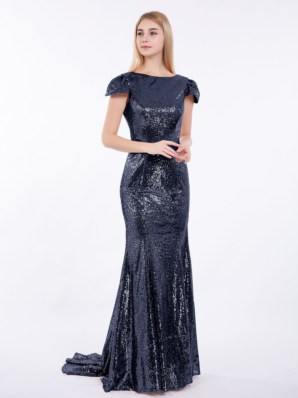 BABARONI Sequins Mermaid Dress with Cap Sleeves Dark Navy Plus Size, Dark Navy / US18