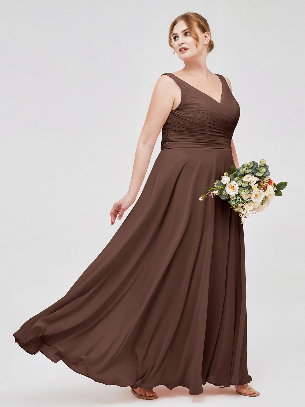 BABARONI V Neck Long Chiffon Dress with Bow Chocolate, Chocolate / US0 BABARONI V Neck Long Chiffon Dress with Bow Chocolate, Chocolate / US0