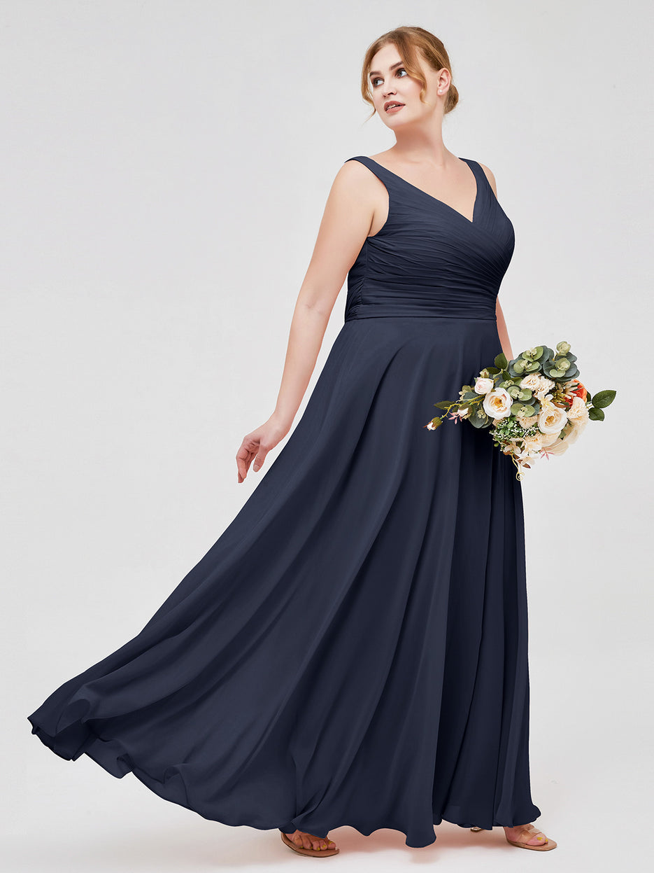 Warp Bodic Chiffon Long Dresses with Sash Bow Dark Navy