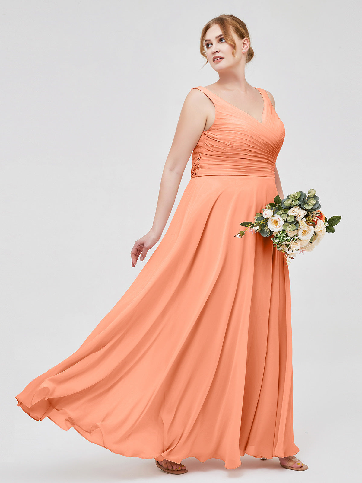 V-neck Short Chiffon Bridesmaid Gowns Papaya