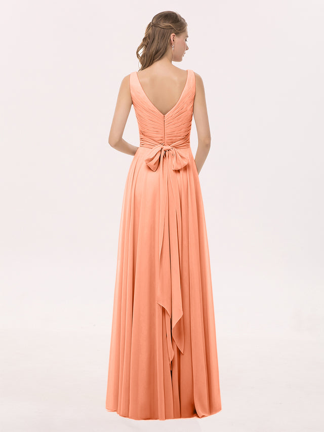 Bow High Neck Pleated Long Sleeve Chiffon Dress Papaya main image 1