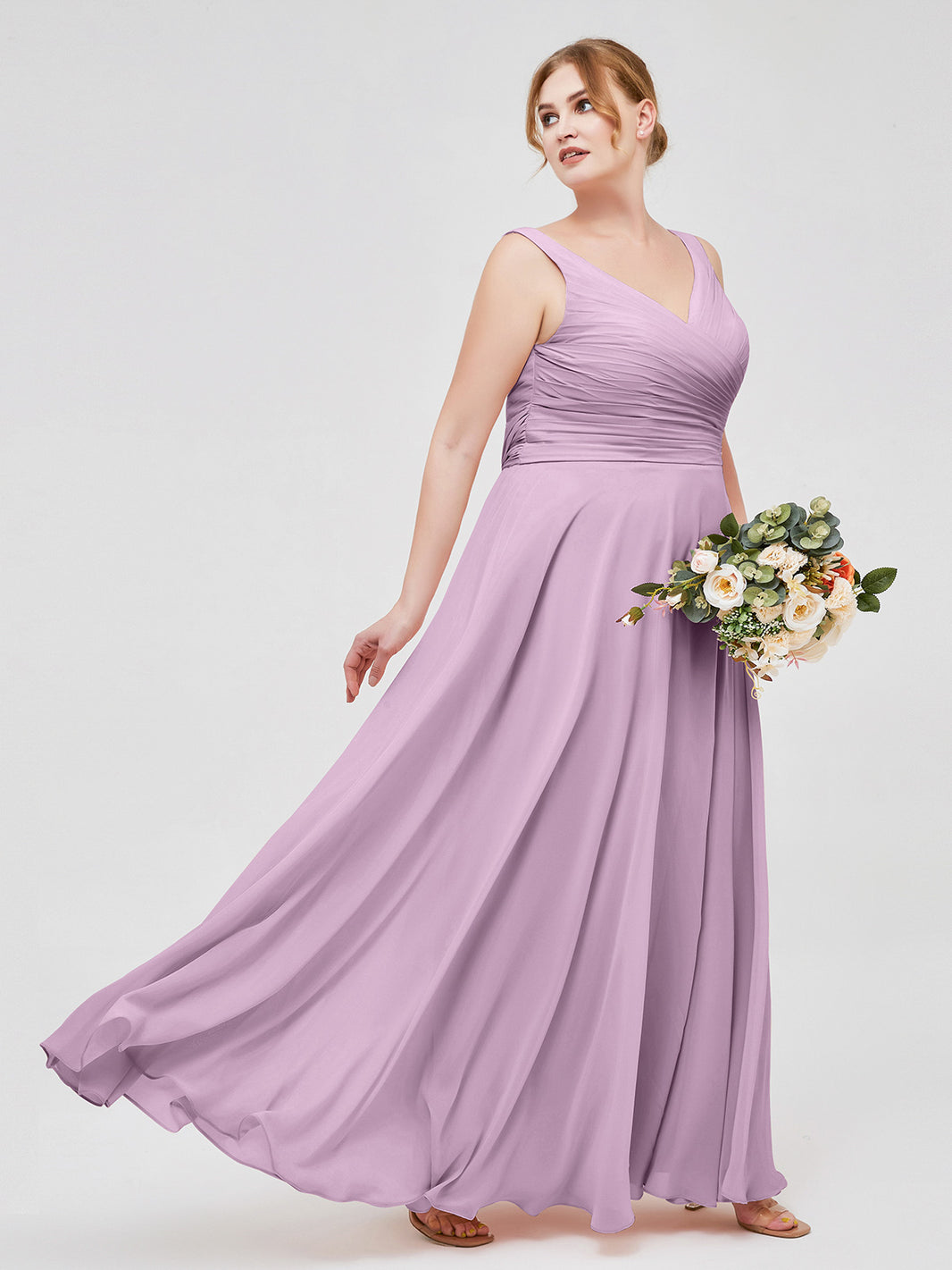 BABARONI V Neck Long Chiffon Dress with Bow Wisteria, Wisteria / US0 BABARONI V Neck Long Chiffon Dress with Bow Wisteria, Wisteria / US0